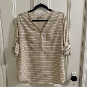 Women’s Calvin Klein Cream Top with White Stripes, Zipper, and Roll Tab Sleeves